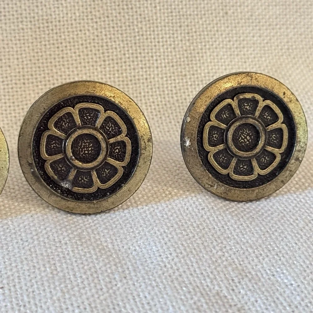 4 MCM Brass HYER DRAWER PULLS Cabinet Knob Flower Round Medallion Daisy Sunburst
